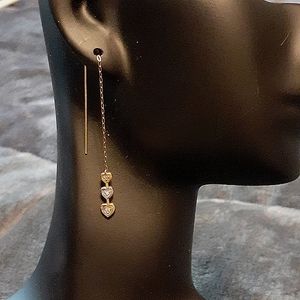 10k threader diamond heart tri color earrings